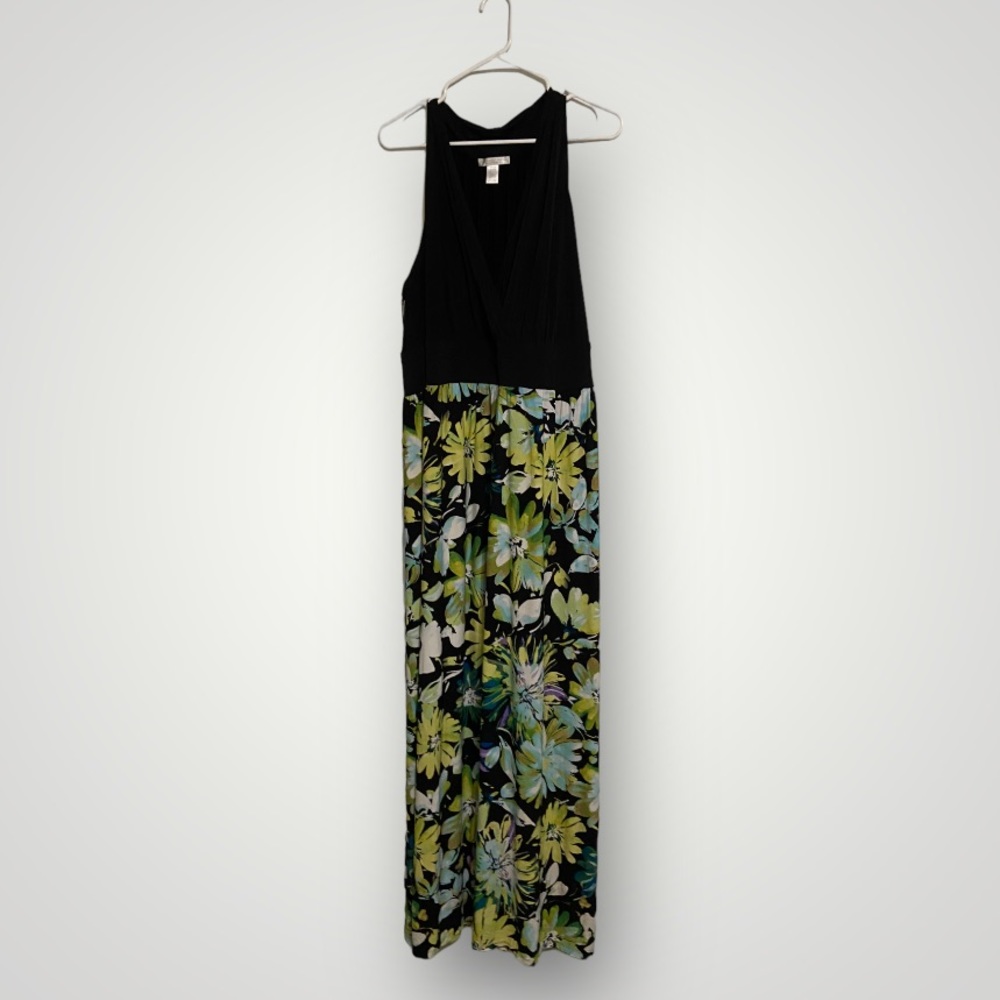 London Times Black Faux-Wrap Maxi Dress with Green Floral Skirt